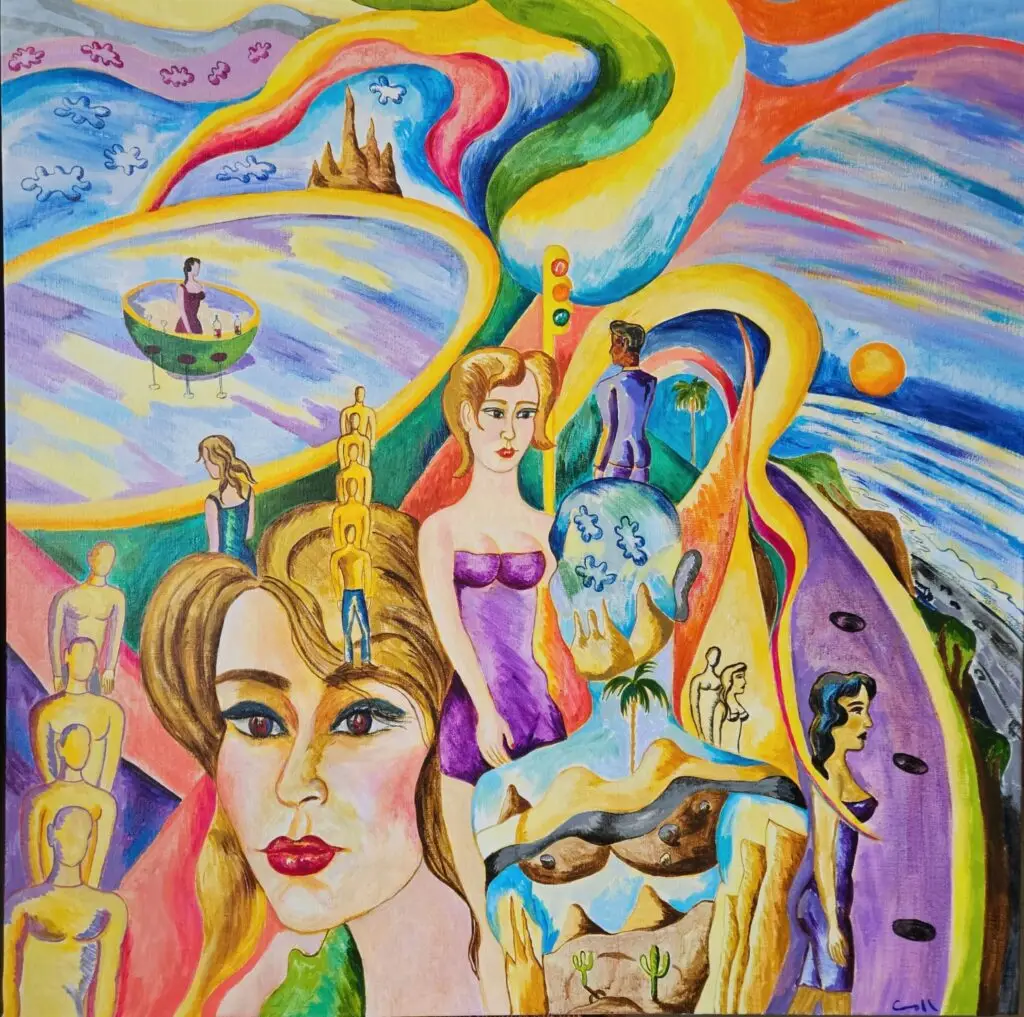 Paseo al atardecer, obra de Víctor Collcardenas: figuras y formas de colores en una composición expresiva.