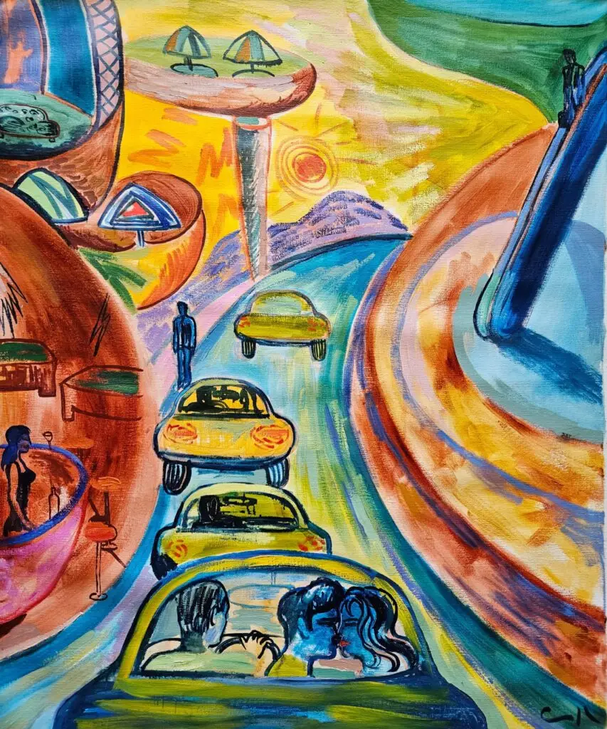 Pareja en un taxi, obra de Víctor Collcardenas: vehículos y figuras en una composición urbana de colores intensos.