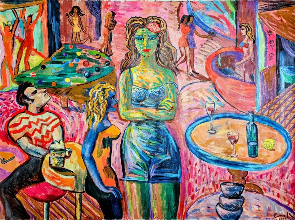 Muchacha en un bar, pintura de Víctor Collcardenas, óleo sobre tela, 2012