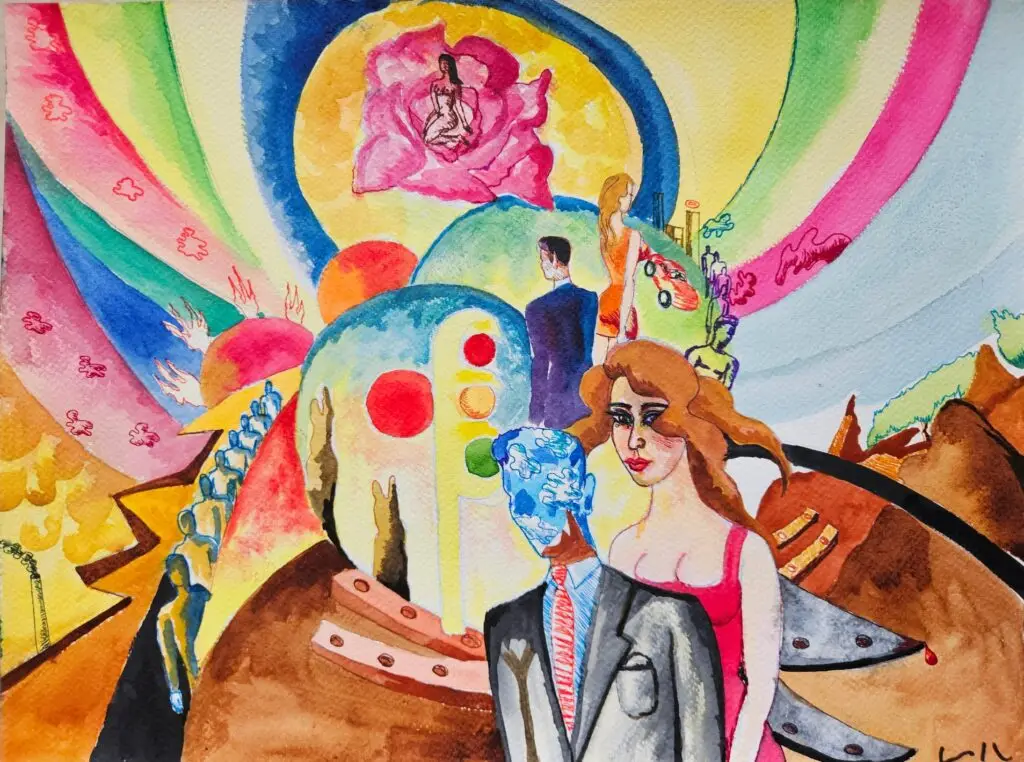 Paisaje en rosa, obra de Víctor Collcardenas: figuras y formas curvas con rosas, amarillos y verdes.