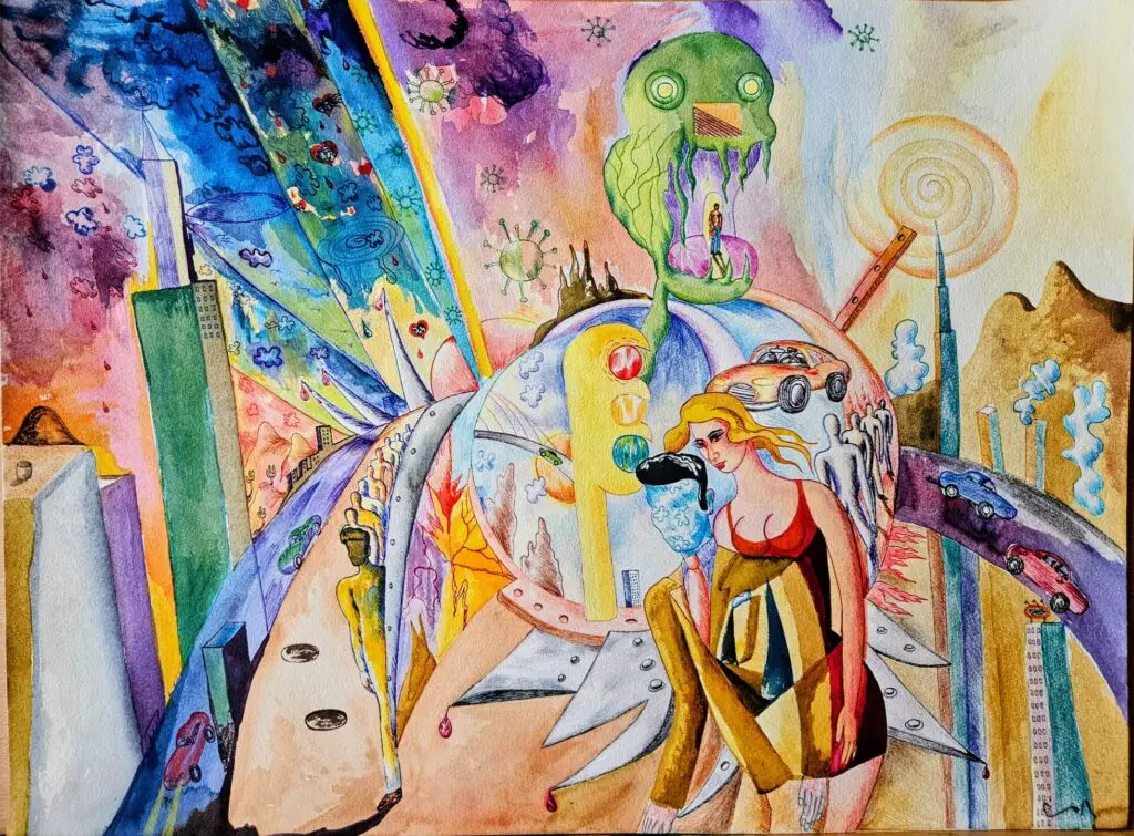 El estudio del artista, obra de Víctor Collcardenas, acuarela y tinta sobre papel, 2025