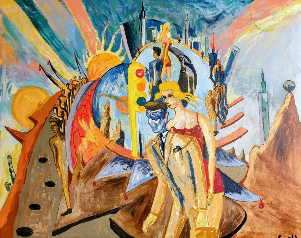 La calle, obra de Víctor Collcardenas: una escena urbana expresiva con figuras y construcciones de colores.