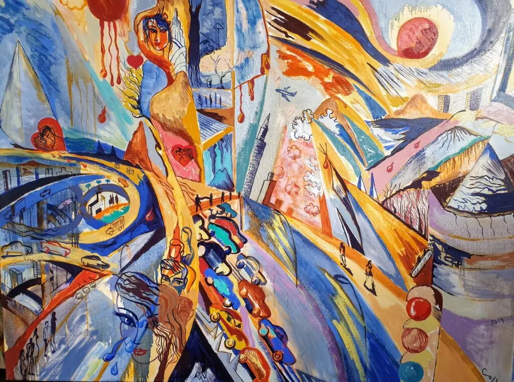 La lluvia roja, pintura de Víctor Collcardenas, óleo sobre tela, 2019