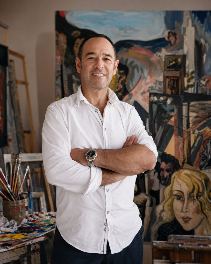 Retrato del artista en su taller, con pinturas al fondo.